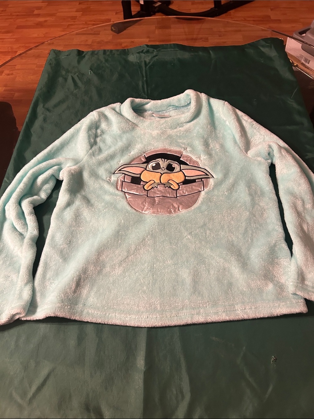 Light Blue Fleece Women's Sweater with Baby Yoda Graphic